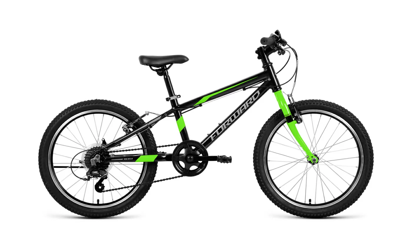 Фото Велосипед Forward Rise 20 2.0 (7ск) (2022) черный/ярко-зеленый со склада магазина СпортЕВ