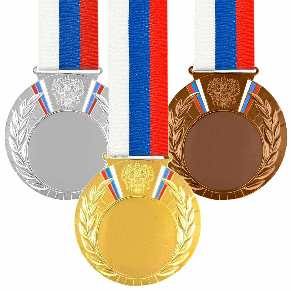 Фото Комплект медалей MD Rus.80 (G,S,B) (D-80мм, D-50мм, s-2,5мм) с лентой со склада магазина СпортЕВ