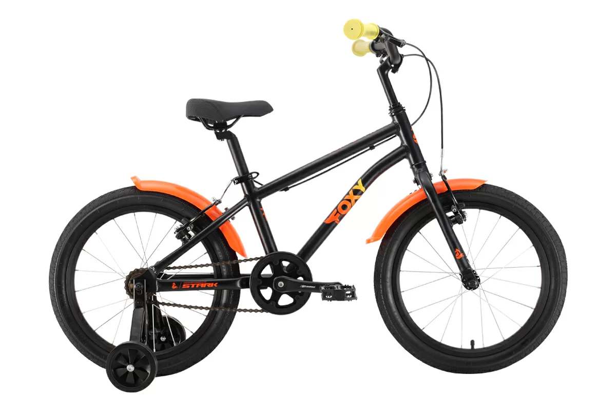 Фото Велосипед Stark Foxy 18 Boy (2022) черный/оранжевый/желтый со склада магазина СпортЕВ