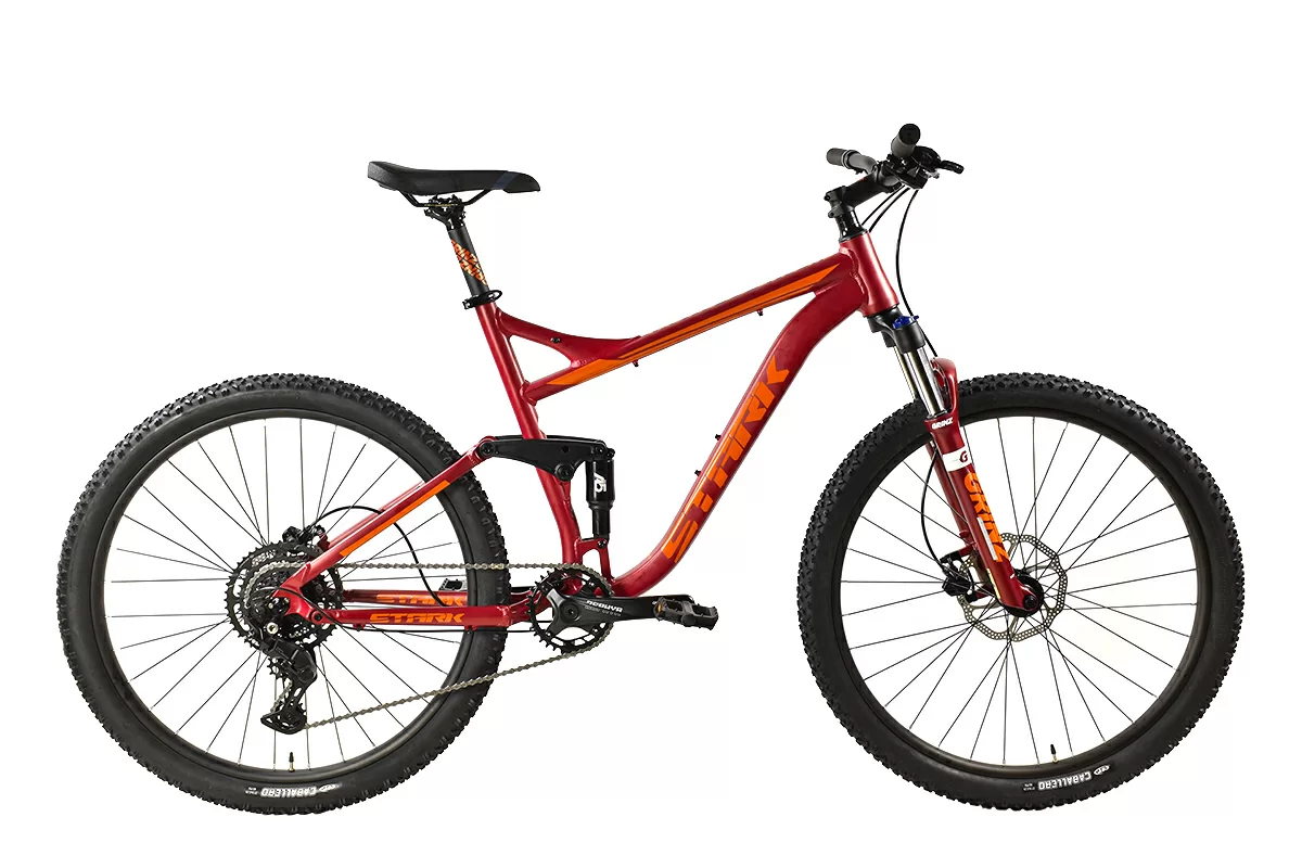 Фото Велосипед Stark Tactic FS 27.4 HD (2024) красный матовый/оранжевый со склада магазина Спортев